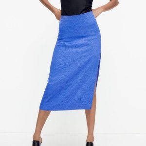 Zara Midi Skirt Womens Size Medium Satin Side Slit Spotted Polka Dot Royal Blue
